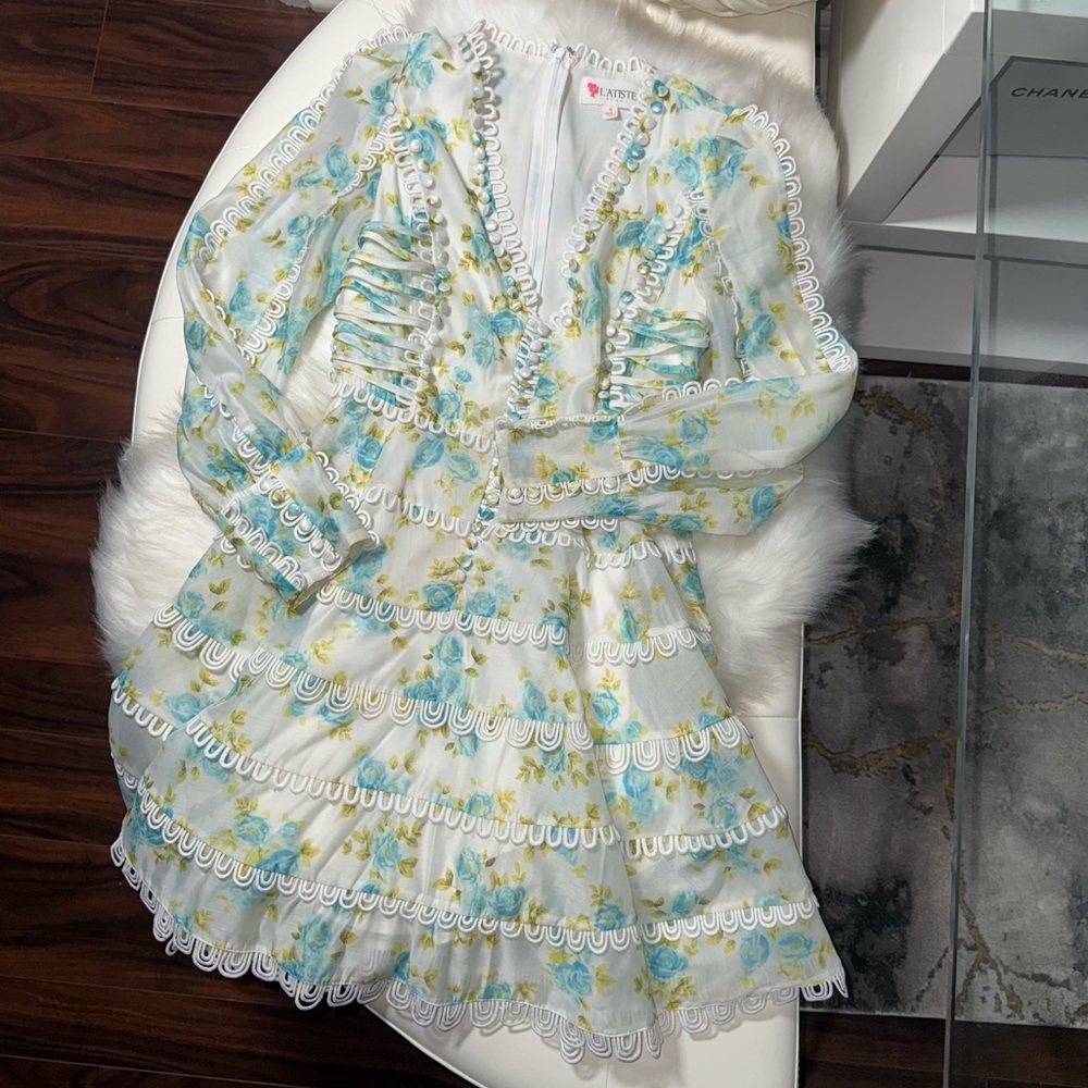 L’Atiste Floral Corset Whimsical Tiered Mini Dress Pastel Romantic Garden Dainty - Picture 3 of 17